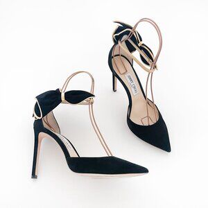 Jimmy Choo Black Suede Pointed Toe Bow T-Strap Heels with Gold Trim